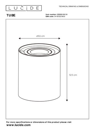 Lucide TUBE - Tafellamp - Ø 9,6 cm - LED 3 StepDim - GU10 (MR16) - 1x5W 2700K - Wit