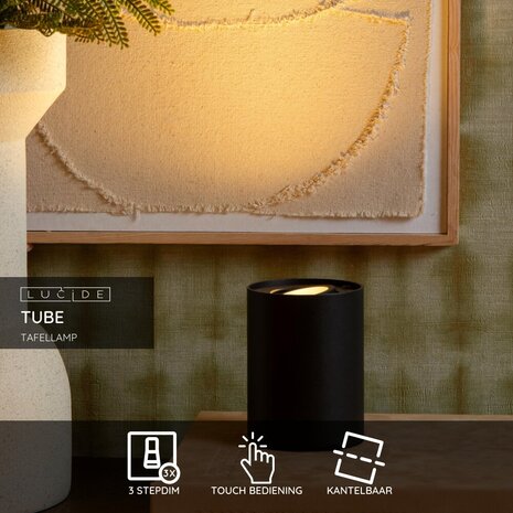 Lucide TUBE - Tafellamp - Ø 9,6 cm - LED 3 StepDim - GU10 - 1x5W 2700K - Zwart Lucide TUBE - Tafellamp - Ø 9,6 cm - LED 3 StepDim - GU10 - 1x5W 2700K - Zwart