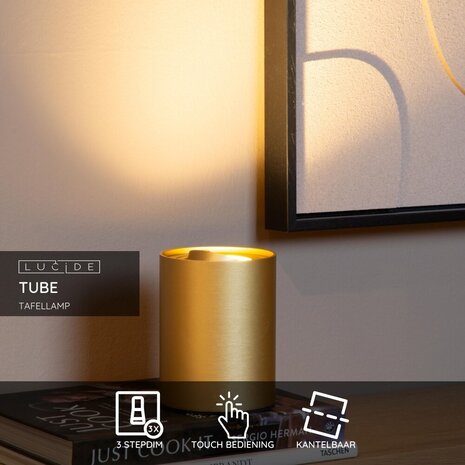 Lucide TUBE - Tafellamp - Ø 9,6 cm - LED 3 StepDim - GU10 - 1x5W 2700K - Mat Goud / Messing Lucide TUBE - Tafellamp - Ø 9,6 cm - LED 3 StepDim - GU10 - 1x5W 2700K - Mat Goud / Messing