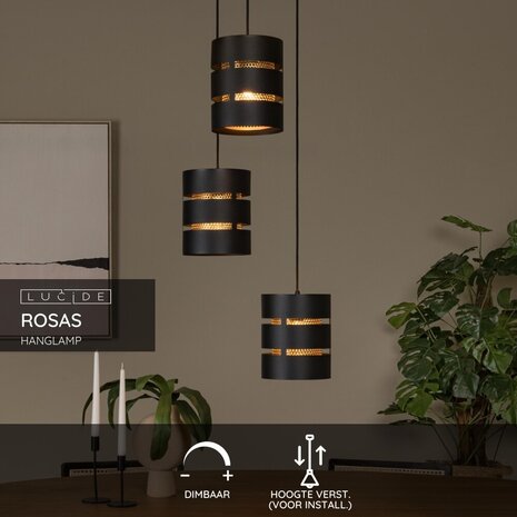Lucide ROSAS - Hanglamp - Ø 43 cm - 3xE27 - Zwart Lucide ROSAS - Hanglamp - Ø 43 cm - 3xE27 - Zwart