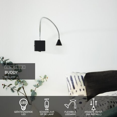 Lucide BUDDY - Bedlamp / Wandlamp - LED - 1x4W 4000K - Zwart