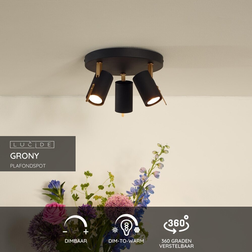 Lucide GRONY - Plafondspot - LED Dim to warm - GU10 - 3x5W 2200K/3000K - Zwart