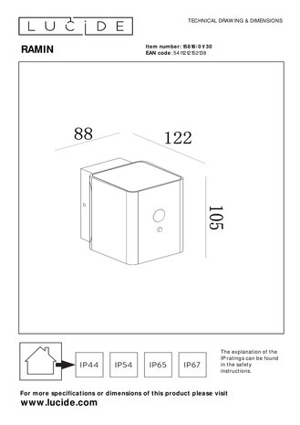 Lucide RAMIN - Wandlamp - Zonne-energie - LED Dimb. - 1x1W 2850K/3150K - IP54 - Beweging & dag/nacht sensor - Zwart