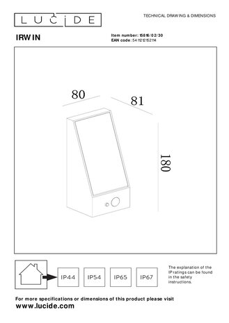 Lucide IRWIN - Wandlamp - Zonne-energie - LED Dimb. - 1x2W 3000K - IP54 - Beweging & dag/nacht sensor - Zwart Lucide IRWIN - Wandlamp - Zonne-energie - LED Dimb. - 1x2W 3000K - IP54 - Beweging & dag/nacht sensor - Zwart