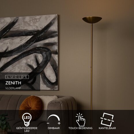 Lucide ZENITH - Vloerlamp - Ø 25,4 cm - LED Dimb. - 1x20W 3000K - Mat Goud / Messing Lucide ZENITH - Vloerlamp - Ø 25,4 cm - LED Dimb. - 1x20W 3000K - Mat Goud / Messing