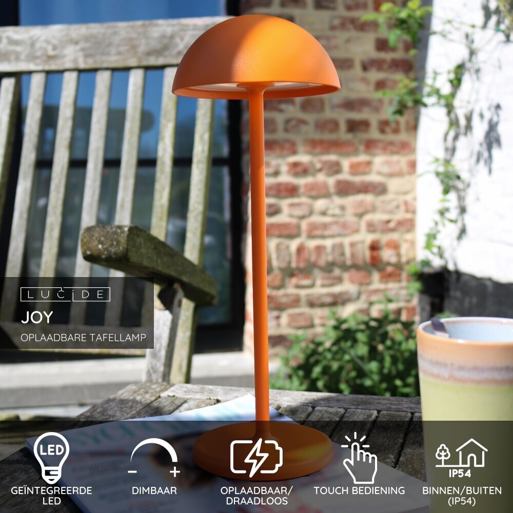 Lucide JOY - Oplaadbare Tafellamp Binnen/Buiten - Accu/Batterij - Ø 12 cm - LED Dimb. - 1x1,5W 3000K - IP54 - Oranje Lucide JOY - Oplaadbare Tafellamp Binnen/Buiten - Accu/Batterij - Ø 12 cm - LED Dimb. - 1x1,5W 3000K - IP54 - Oranje
