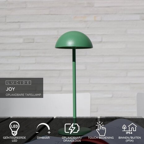 Lucide JOY - Oplaadbare Tafellamp Binnen/Buiten - Accu/Batterij - Ø 12 cm - LED Dimb. - 1x1,5W 3000K - IP54 - Groen Lucide JOY - Oplaadbare Tafellamp Binnen/Buiten - Accu/Batterij - Ø 12 cm - LED Dimb. - 1x1,5W 3000K - IP54 - Groen