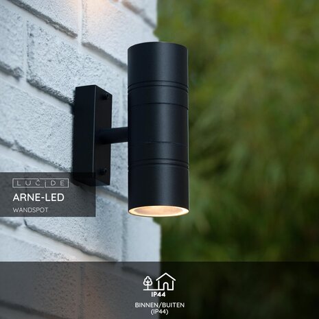 Lucide ARNE-LED - Wandspot / Wandlamp Binnen/Buiten - Ø 6,3 cm - LED - GU10 - 2x5W 2700K - IP44 - Zwart Lucide ARNE-LED - Wandspot / Wandlamp Binnen/Buiten - Ø 6,3 cm - LED - GU10 - 2x5W 2700K - IP44 - Zwart
