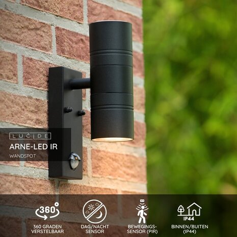 Lucide ARNE-LED IR - Wandspot / Wandlamp Binnen/Buiten - Ø 6,3 cm - LED - GU10 - 2x5W 2700K - IP44 - Beweging & dag/nacht sensor - Zwart