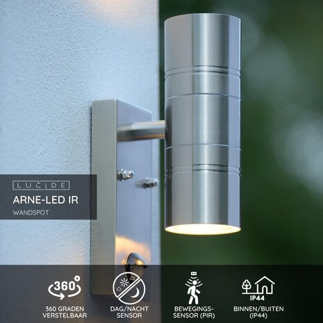Lucide ARNE-LED IR - Wandspot / Wandlamp Binnen/Buiten - Ø 6,3 cm - LED - GU10 - 2x5W 2700K - IP44 - Beweging & dag/nacht sensor - Mat chroom