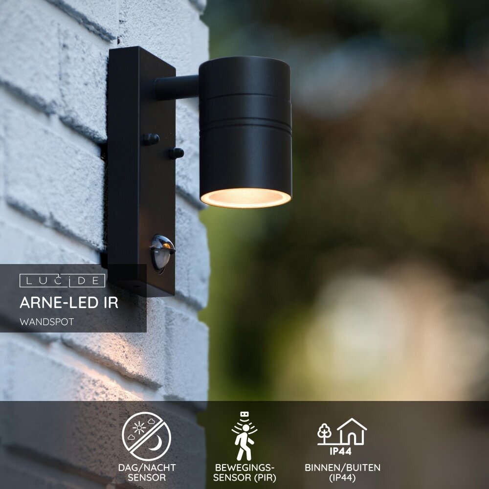 Lucide ARNE-LED IR - Wandspot / Wandlamp Binnen/Buiten - Ø 6,3 cm - LED - GU10 - 1x5W 2700K - IP44 - Beweging & dag/nacht sensor - Zwart Lucide ARNE-LED IR - Wandspot / Wandlamp Binnen/Buiten - Ø 6,3 cm - LED - GU10 - 1x5W 2700K - IP44 - Beweging & dag/nacht sensor - Zwart