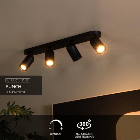 Lucide PUNCH - Plafondspot - 4xGU10 - Zwart Lucide PUNCH - Plafondspot - 4xGU10 - Zwart