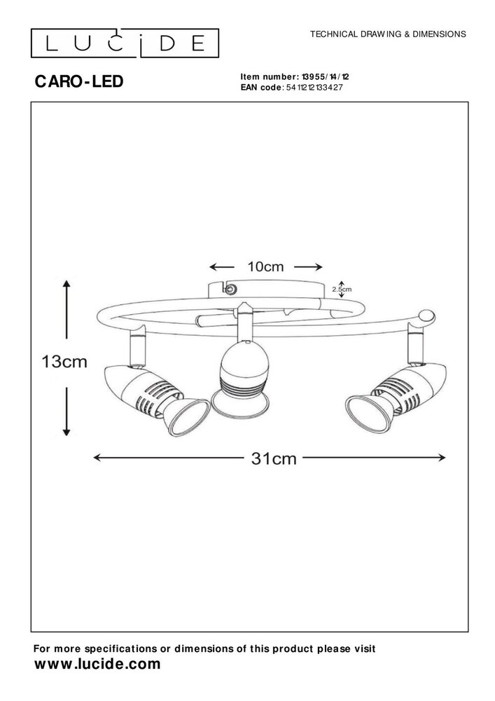 Lucide CARO-LED - Plafondspot - Ø 31 cm - LED - GU10 - 3x5W 2700K - Mat chroom Lucide CARO-LED - Plafondspot - Ø 31 cm - LED - GU10 - 3x5W 2700K - Mat chroom