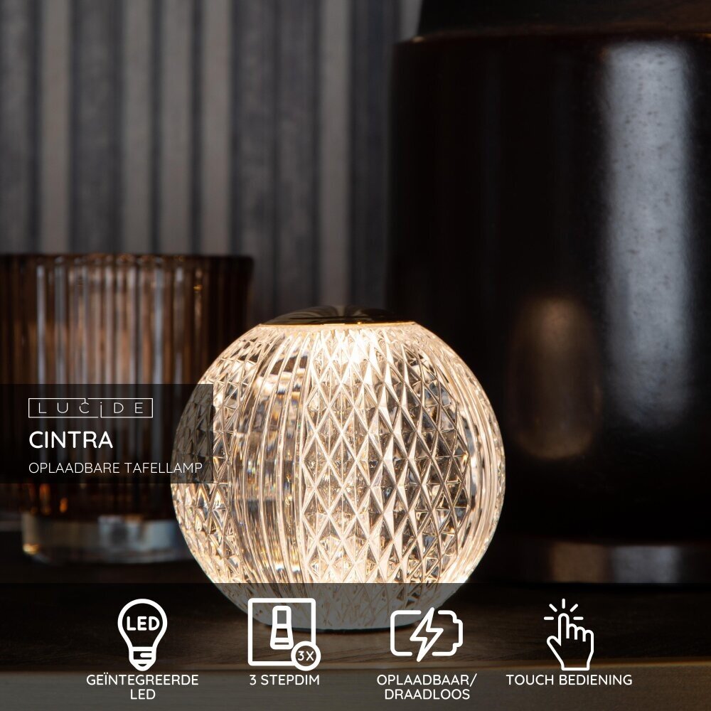 Lucide CINTRA - Oplaadbare Tafellamp - Accu/Batterij - Ø 11 cm - LED 3 StepDim - 1x2W 3000K - Transparant