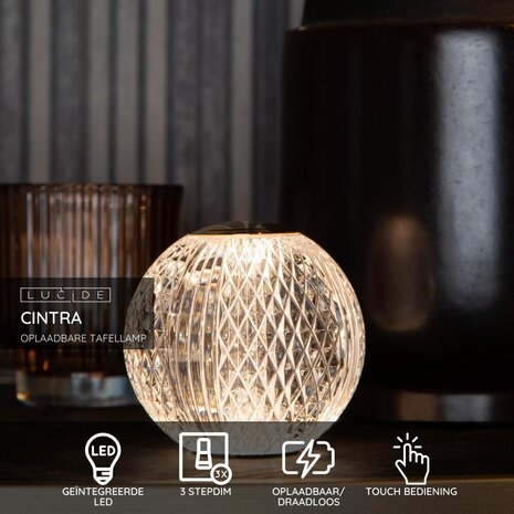 Lucide CINTRA - Oplaadbare Tafellamp - Accu/Batterij - Ø 11 cm - LED 3 StepDim - 1x2W 3000K - Transparant