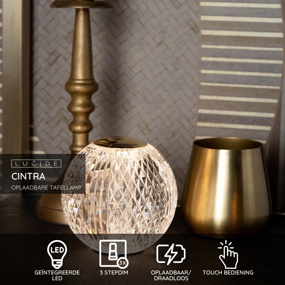 Lucide CINTRA - Oplaadbare Tafellamp - Accu/Batterij - Ø 9 cm - LED 3 StepDim - 1x1,5W 3000K - Transparant Lucide CINTRA - Oplaadbare Tafellamp - Accu/Batterij - Ø 9 cm - LED 3 StepDim - 1x1,5W 3000K - Transparant