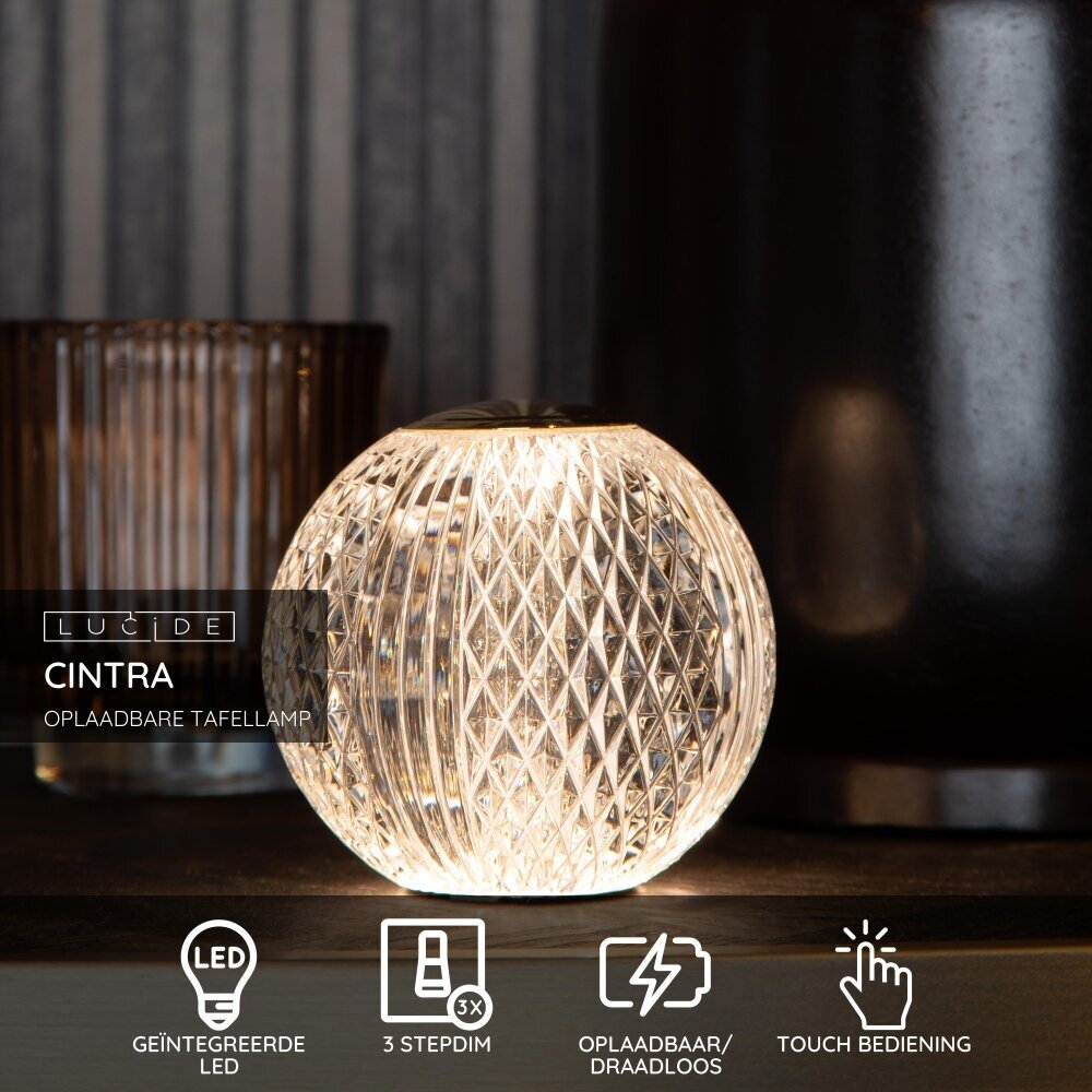 Lucide CINTRA - Oplaadbare Tafellamp - Accu/Batterij - Ø 11 cm - LED 3 StepDim - 1x2W 2700K - Transparant Lucide CINTRA - Oplaadbare Tafellamp - Accu/Batterij - Ø 11 cm - LED 3 StepDim - 1x2W 2700K - Transparant