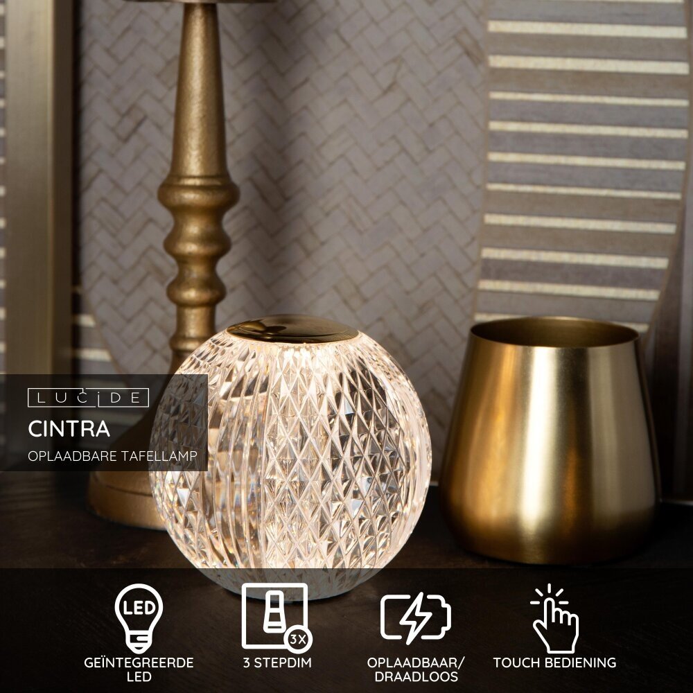 Lucide CINTRA - Oplaadbare Tafellamp - Accu/Batterij - Ø 9 cm - LED 3 StepDim - 1x1,5W 2700K - Transparant