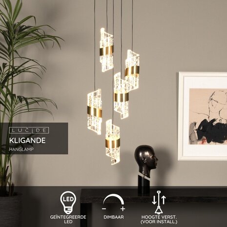 Lucide KLIGANDE - Hanglamp - Ø 30 cm - LED Dimb. - 5x8W 2700K - Mat Goud / Messing Lucide KLIGANDE - Hanglamp - Ø 30 cm - LED Dimb. - 5x8W 2700K - Mat Goud / Messing