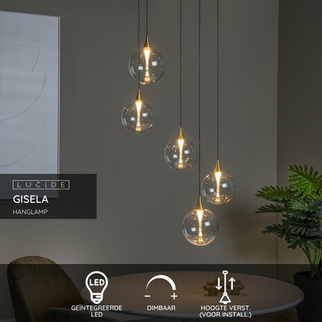 Lucide GISELA - Hanglamp - Ø 48 cm - LED Dimb. - 5x3,8W 2700K - Transparant | Premium