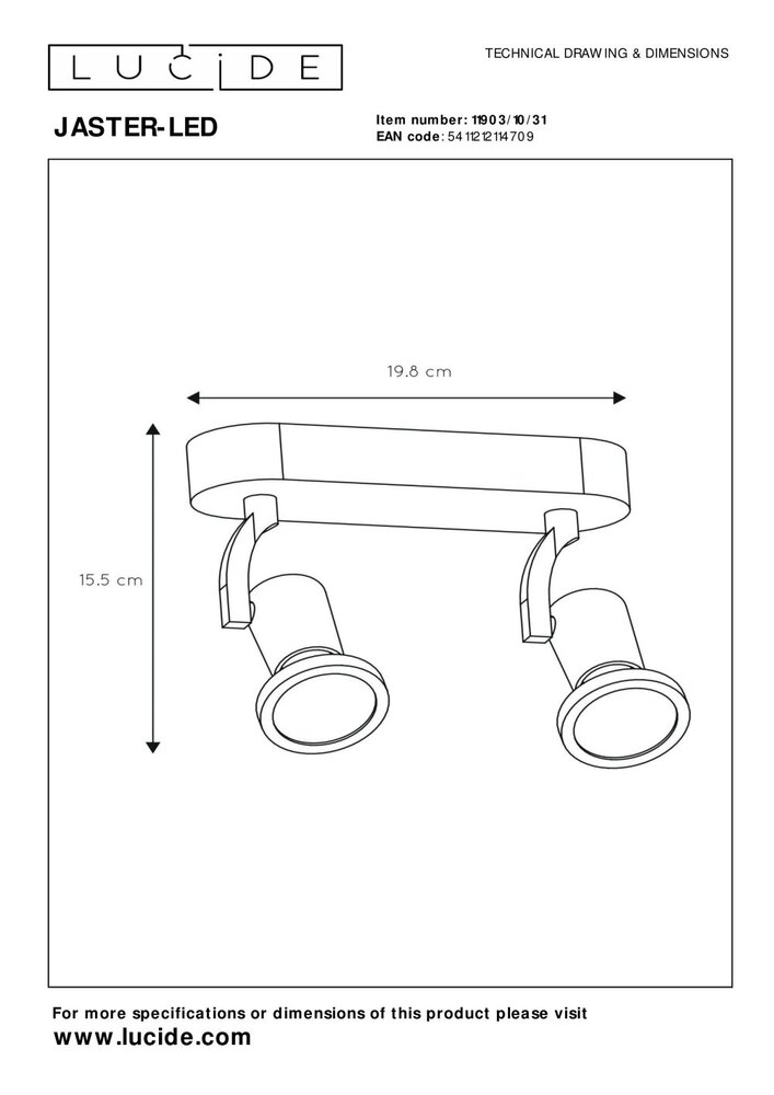 Lucide JASTER-LED - Plafondspot - LED - GU10 - 2x5W 2700K - Wit Lucide JASTER-LED - Plafondspot - LED - GU10 - 2x5W 2700K - Wit