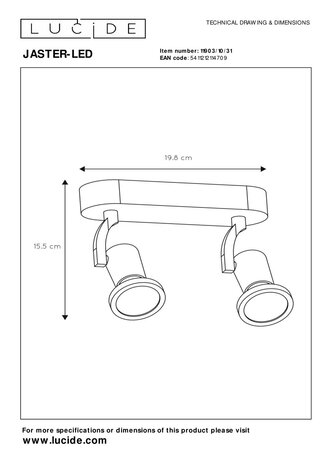 Lucide JASTER-LED - Plafondspot - LED - GU10 - 2x5W 2700K - Wit Lucide JASTER-LED - Plafondspot - LED - GU10 - 2x5W 2700K - Wit