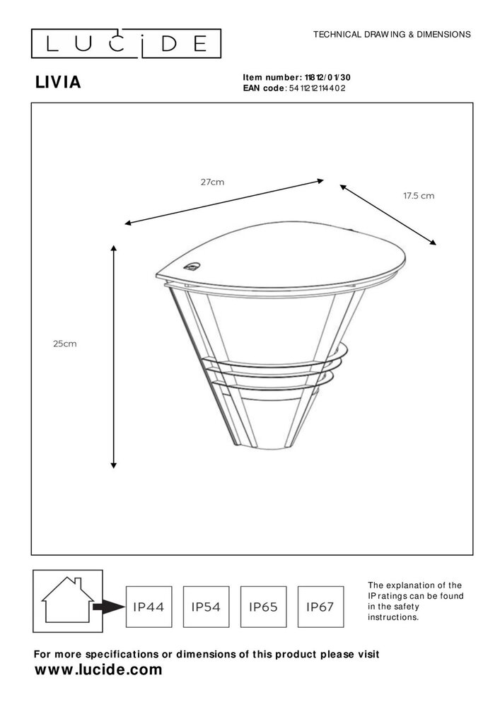 Lucide LIVIA - Wandlamp Binnen/Buiten - 1xE27 - IP44 - Zwart Lucide LIVIA - Wandlamp Binnen/Buiten - 1xE27 - IP44 - Zwart