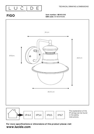 Lucide FIGO - Wandlamp Binnen/Buiten - Ø 21,5 cm - 1xE27 - IP44 - Zink Lucide FIGO - Wandlamp Binnen/Buiten - Ø 21,5 cm - 1xE27 - IP44 - Zink