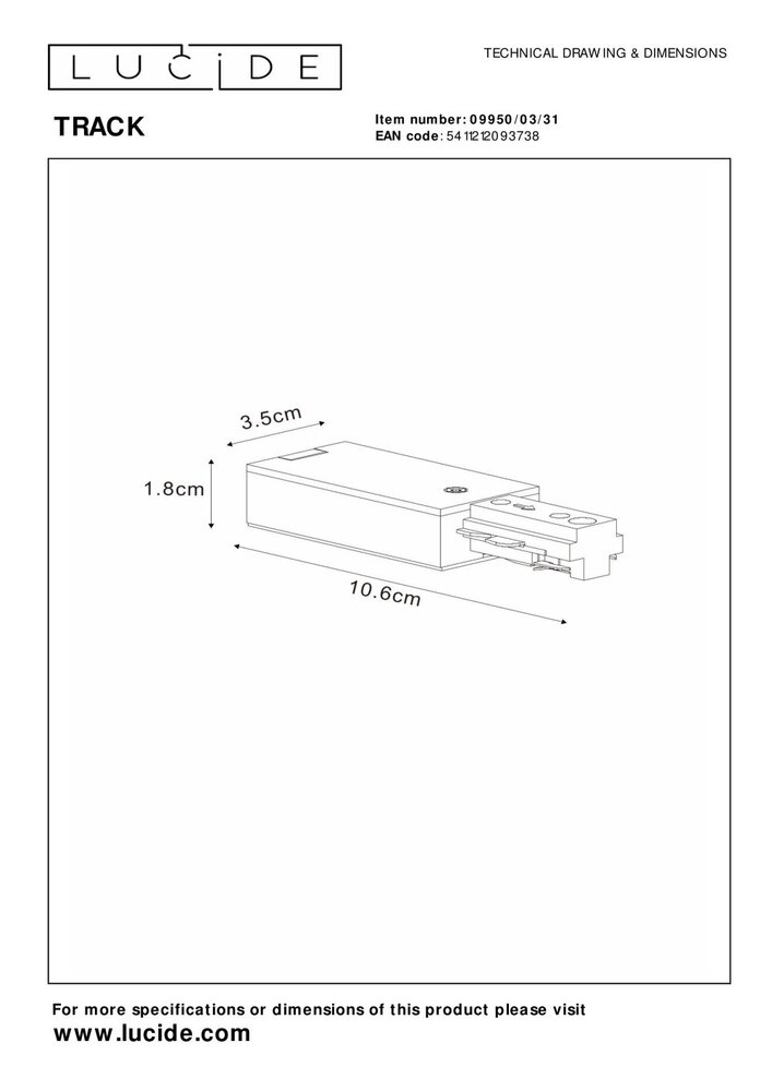 Lucide TRACK Startvoeding - 1-fase Railsysteem / Railverlichting - Enkel - Wit (Uitbreiding) Lucide TRACK Startvoeding - 1-fase Railsysteem / Railverlichting - Enkel - Wit (Uitbreiding)