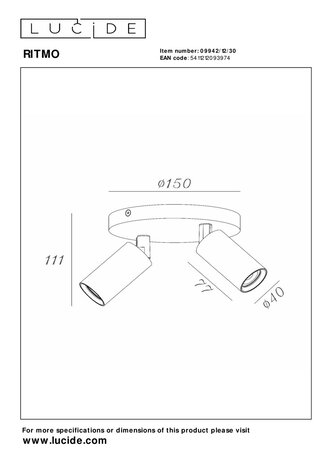 Lucide RITMO - Plafondspot - Ø 15 cm - 2xGU10 (MR11) - Zwart Lucide RITMO - Plafondspot - Ø 15 cm - 2xGU10 (MR11) - Zwart