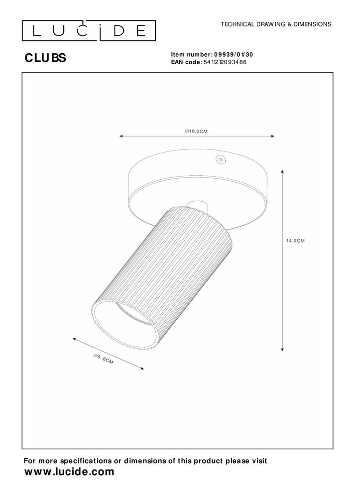 Lucide CLUBS - Plafondspot - 1xGU10 (MR16) - Zwart