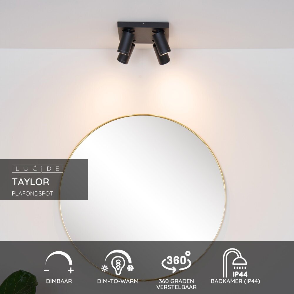 Lucide TAYLOR - Plafondspot Badkamer - LED Dim to warm - GU10 - 4x5W 2200K/3000K - IP44 - Zwart Lucide TAYLOR - Plafondspot Badkamer - LED Dim to warm - GU10 - 4x5W 2200K/3000K - IP44 - Zwart