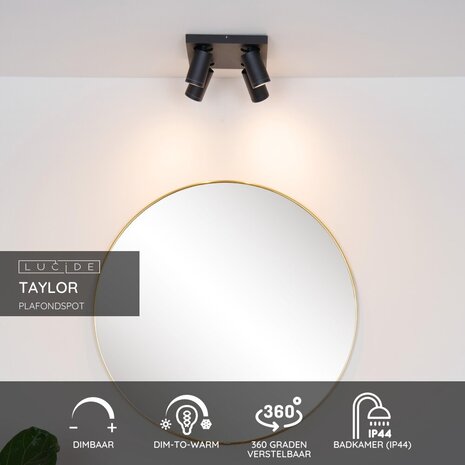 Lucide TAYLOR - Plafondspot Badkamer - LED Dim to warm - GU10 - 4x5W 2200K/3000K - IP44 - Zwart Lucide TAYLOR - Plafondspot Badkamer - LED Dim to warm - GU10 - 4x5W 2200K/3000K - IP44 - Zwart