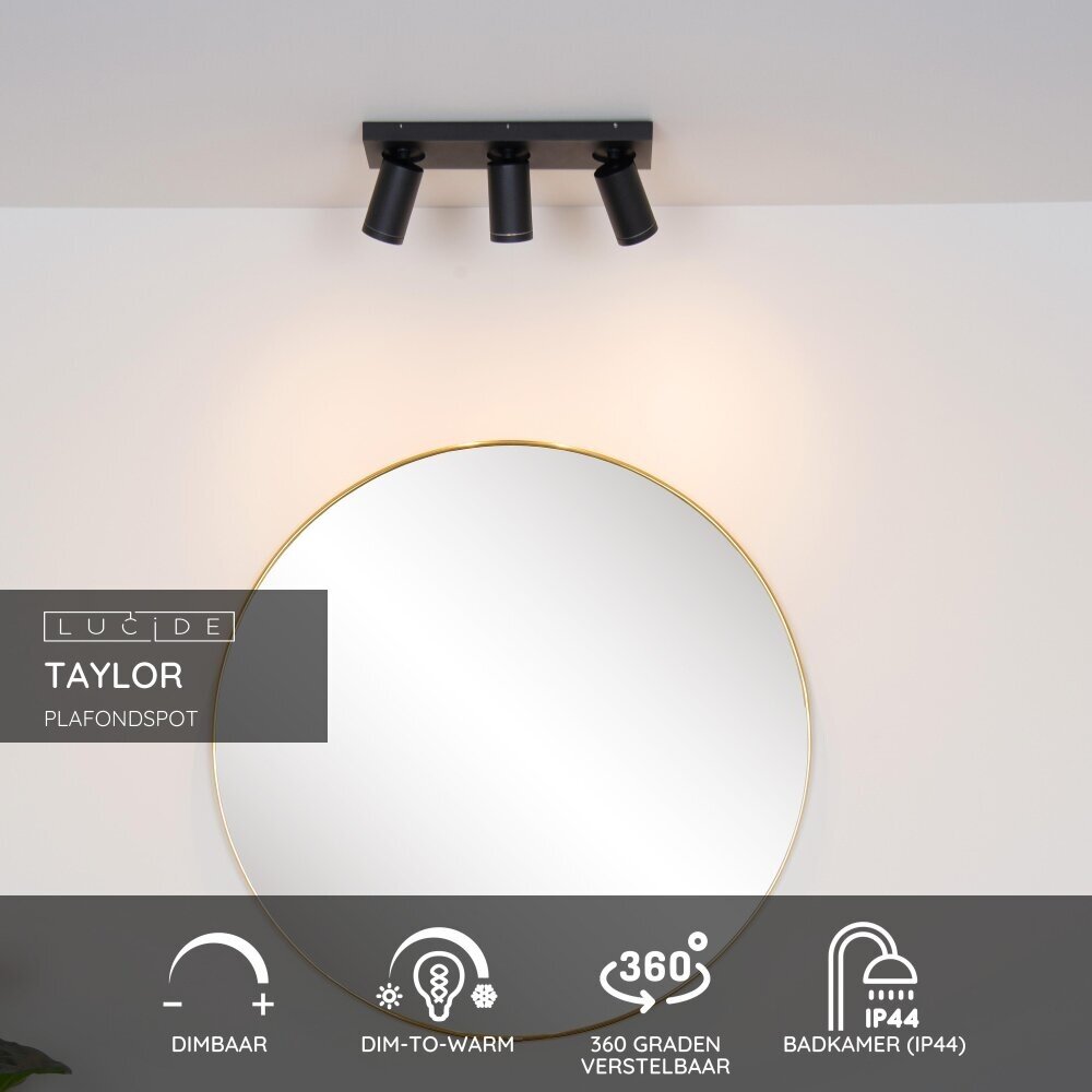 Lucide TAYLOR - Plafondspot Badkamer - LED Dim to warm - GU10 - 3x5W 2200K/3000K - IP44 - Zwart Lucide TAYLOR - Plafondspot Badkamer - LED Dim to warm - GU10 - 3x5W 2200K/3000K - IP44 - Zwart