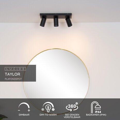 Lucide TAYLOR - Plafondspot Badkamer - LED Dim to warm - GU10 - 3x5W 2200K/3000K - IP44 - Zwart Lucide TAYLOR - Plafondspot Badkamer - LED Dim to warm - GU10 - 3x5W 2200K/3000K - IP44 - Zwart