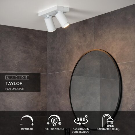 Lucide TAYLOR - Plafondspot Badkamer - LED Dim to warm - GU10 - 2x5W 2200K/3000K - IP44 - Wit
