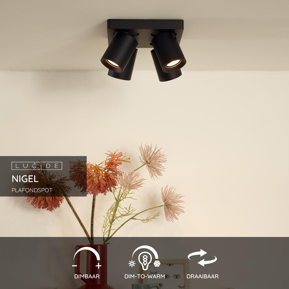 Lucide NIGEL - Plafondspot - LED Dim to warm - GU10 - 4x5W 2200K/3000K - Zwart