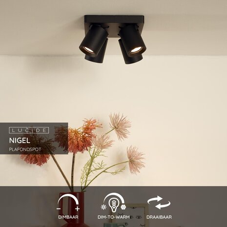 Lucide NIGEL - Plafondspot - LED Dim to warm - GU10 - 4x5W 2200K/3000K - Zwart