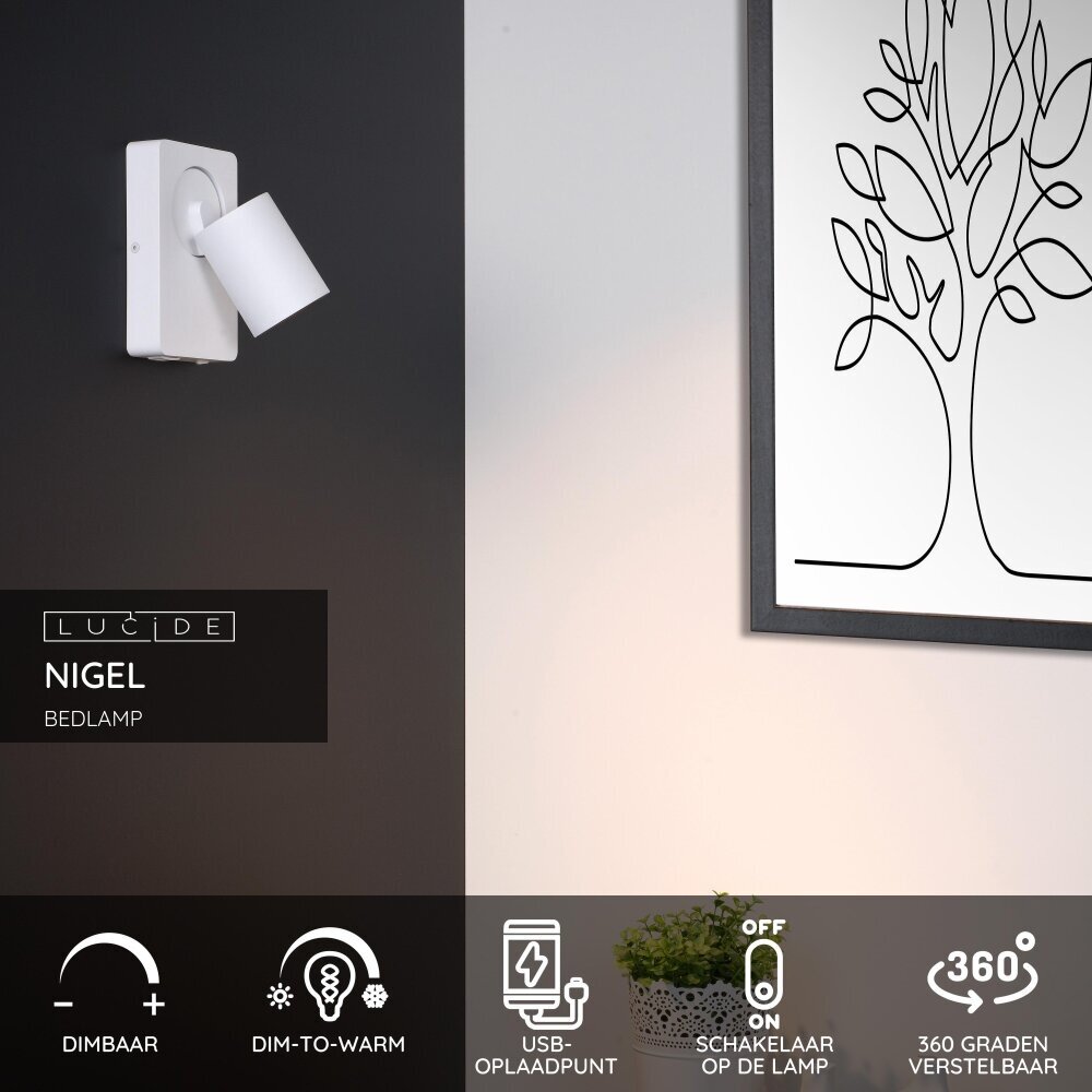 Lucide NIGEL - Bedlamp / Wandlamp - LED Dim to warm - CCT - GU10 - 1x5W 2200K/3000K - Met USB oplaadpunt - Wit