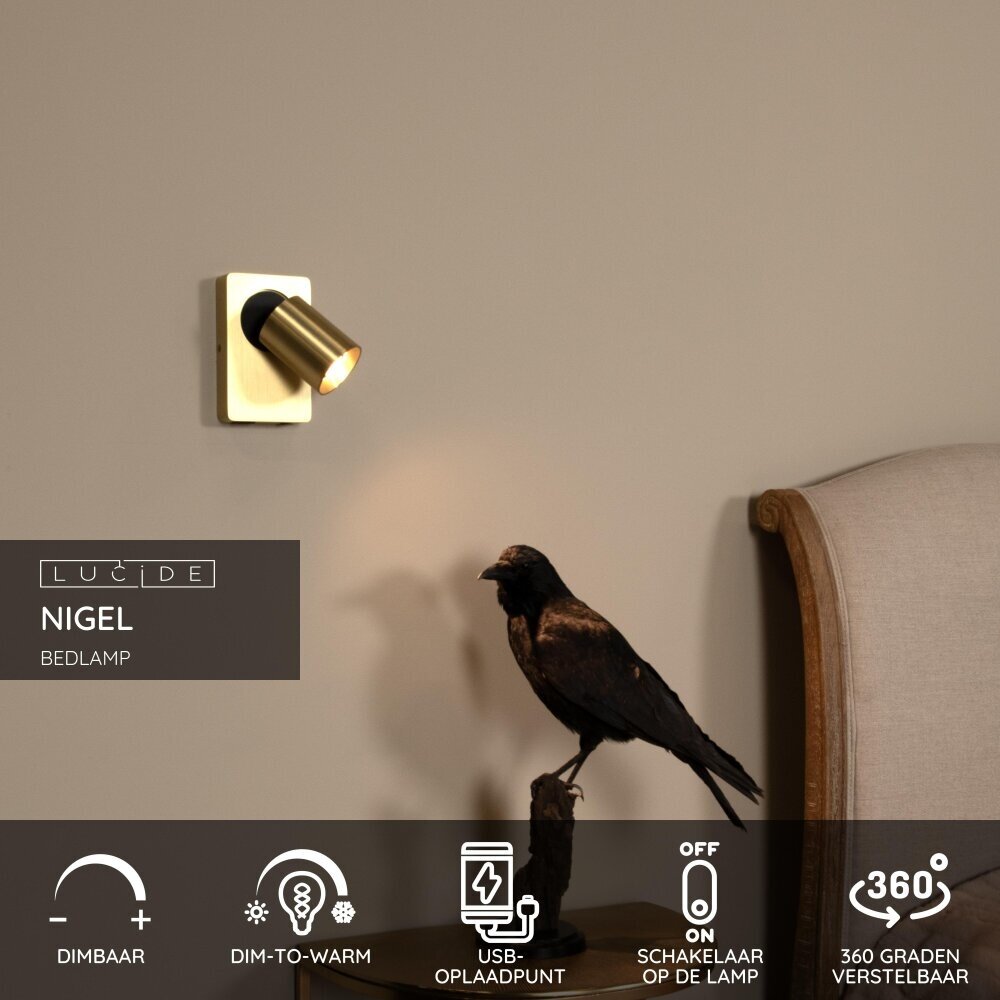 Lucide NIGEL - Bedlamp / Wandlamp - LED Dim to warm - GU10 - 1x5W 2200K/3000K - Met USB oplaadpunt - Mat Goud / Messing