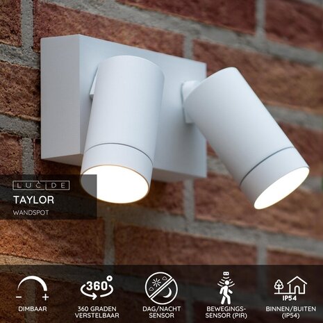 Lucide TAYLOR - Wandspot / Wandlamp Binnen/Buiten - 2xGU10 - IP54 - Bewegingssensor - Wit Lucide TAYLOR - Wandspot / Wandlamp Binnen/Buiten - 2xGU10 - IP54 - Bewegingssensor - Wit