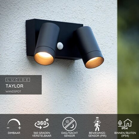 Lucide TAYLOR - Wandspot / Wandlamp Binnen/Buiten - 2xGU10 - IP54 - Bewegingssensor - Zwart