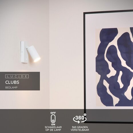 Lucide CLUBS - Bedlamp / Wandlamp - 1xGU10 - Wit Lucide CLUBS - Bedlamp / Wandlamp - 1xGU10 - Wit