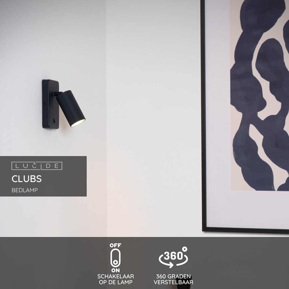 Lucide CLUBS - Bedlamp / Wandlamp - 1xGU10 - Zwart Lucide CLUBS - Bedlamp / Wandlamp - 1xGU10 - Zwart