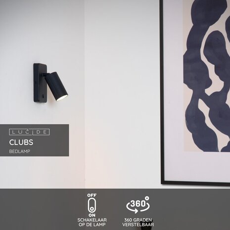 Lucide CLUBS - Bedlamp / Wandlamp - 1xGU10 - Zwart Lucide CLUBS - Bedlamp / Wandlamp - 1xGU10 - Zwart
