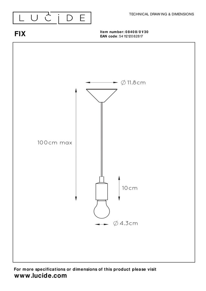 Lucide FIX - Hanglamp - Ø 10 cm - 1xE27 - Zwart