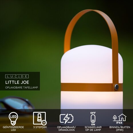 Lucide LITTLE JOE - Oplaadbare Tafellamp Binnen/Buiten - Accu/Batterij - Ø 10 cm - LED Dimb. - 1x0,3W 3000K - IP44 - Bruin Lucide LITTLE JOE - Oplaadbare Tafellamp Binnen/Buiten - Accu/Batterij - Ø 10 cm - LED Dimb. - 1x0,3W 3000K - IP44 - Bruin