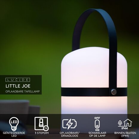 Lucide LITTLE JOE - Oplaadbare Tafellamp Binnen/Buiten - Accu/Batterij - Ø 10 cm - LED Dimb. - 1x0,3W 3000K - IP44 - Zwart Lucide LITTLE JOE - Oplaadbare Tafellamp Binnen/Buiten - Accu/Batterij - Ø 10 cm - LED Dimb. - 1x0,3W 3000K - IP44 - Zwart