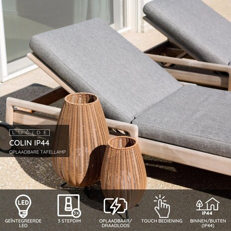 Lucide COLIN IP44 - Oplaadbare Tafellamp Binnen/Buiten - Accu/Batterij - LED 3 StepDim - 1x3W 3000K - IP44 - Naturel Lucide COLIN IP44 - Oplaadbare Tafellamp Binnen/Buiten - Accu/Batterij - LED 3 StepDim - 1x3W 3000K - IP44 - Naturel