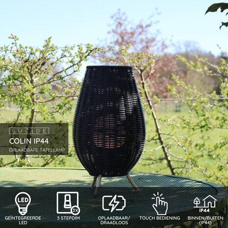 Lucide COLIN IP44 - Oplaadbare Tafellamp Binnen/Buiten - Accu/Batterij - LED 3 StepDim - 1x3W 3000K - IP44 - Zwart Lucide COLIN IP44 - Oplaadbare Tafellamp Binnen/Buiten - Accu/Batterij - LED 3 StepDim - 1x3W 3000K - IP44 - Zwart
